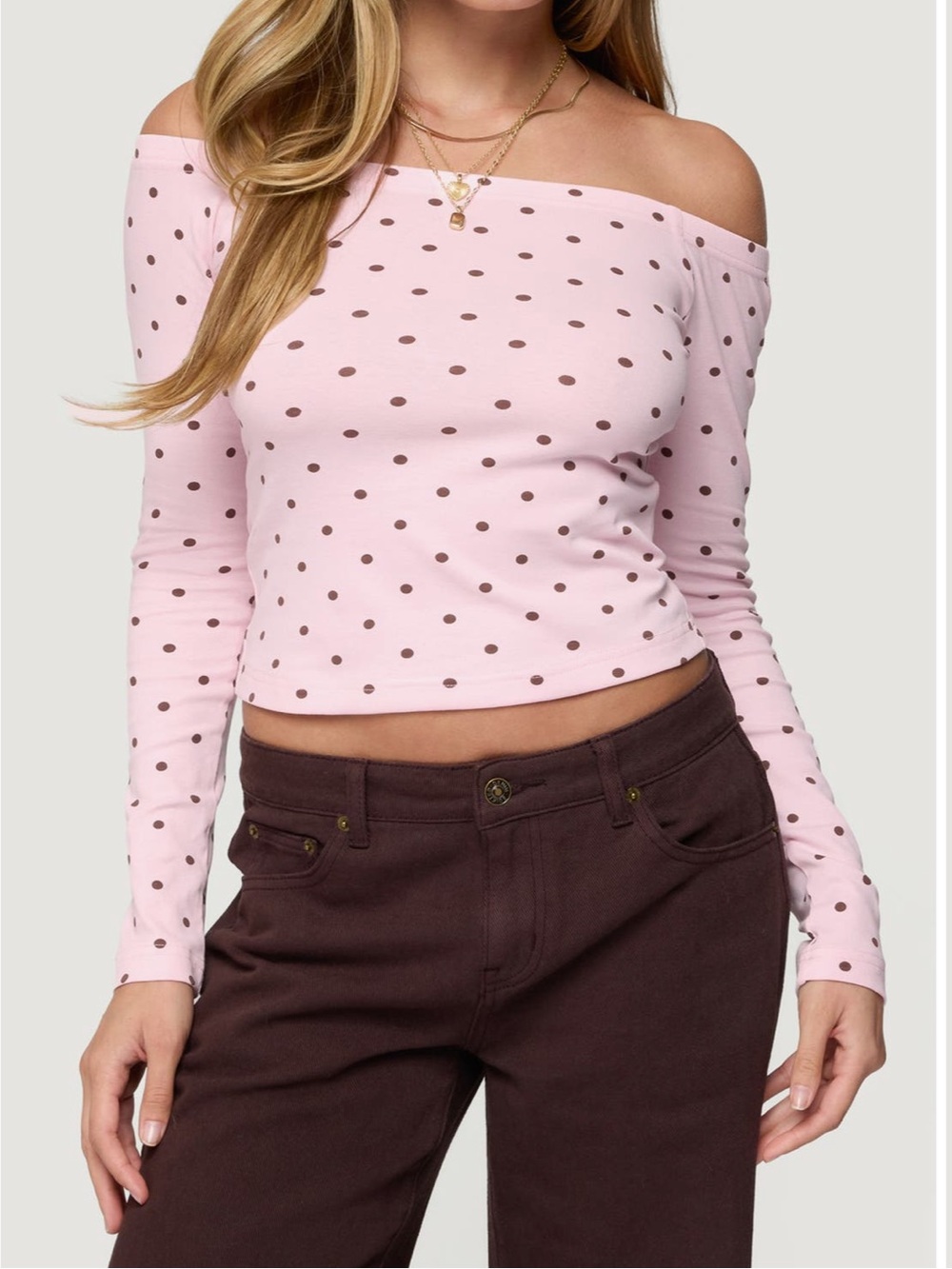 Edikted Leandra Off Shoulder Pink Polka Dot Long Sleeve Top